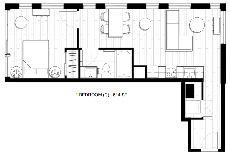 Floor plan for 1 bed, 1 bath, 614 sqft